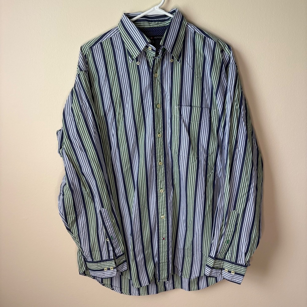 Y2K Tommy Hilfiger Button Down Shirt Mens L Green Blue Striped Long Sleeve Prep